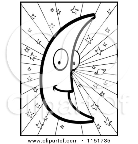 Cartoon Clipart Of A Black And White Crescent Moon Mascot And Stars - Vector Outlined Coloring Page by Cory Thoman
