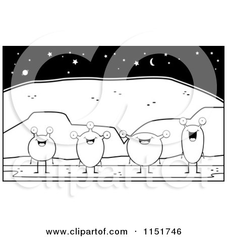 Cartoon Clipart Of A Black And White Row of Happy Martians - Vector Outlined Coloring Page by Cory Thoman