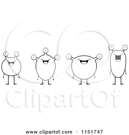 Cartoon Clipart Of A Black And White Row of Aliens - Vector Outlined Coloring Page by Cory Thoman