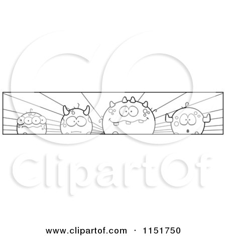 Cartoon Clipart Of A Black And White Border of Round Monsters - Vector Outlined Coloring Page by Cory Thoman