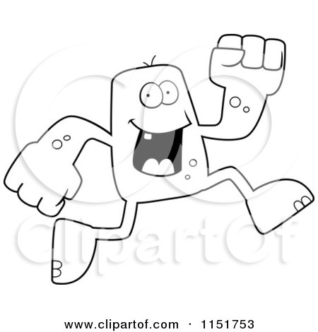 Cartoon Clipart Of A Black And White Running Blocky Monster - Vector Outlined Coloring Page by Cory Thoman