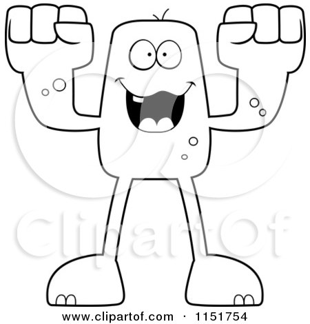 Cartoon Clipart Of A Black And White Blocky Monster with Fists - Vector Outlined Coloring Page by Cory Thoman