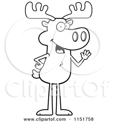 Cartoon Clipart Of A Black And White Standing Friendly Moose Waving - Vector Outlined Coloring Page by Cory Thoman
