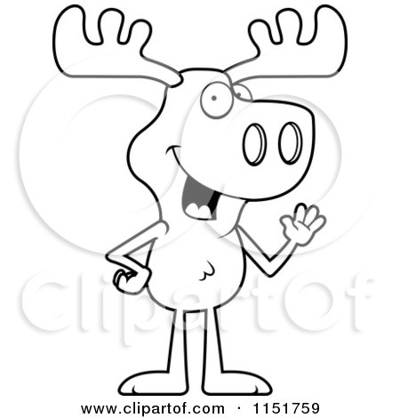 Cartoon Clipart Of A Black And White Friendly Moose Standing and Waving - Vector Outlined Coloring Page by Cory Thoman