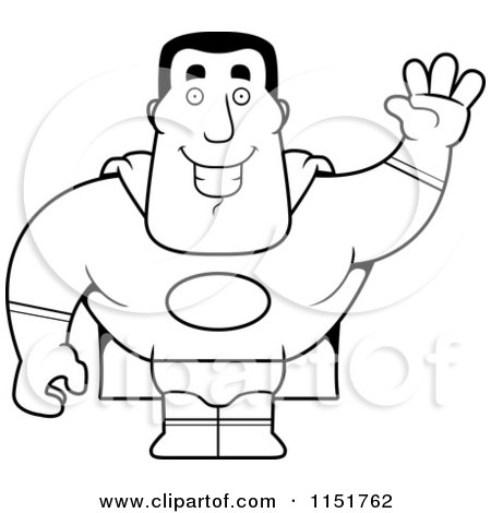Cartoon Clipart Of A Black And White Super Man Waving - Vector Outlined Coloring Page by Cory Thoman