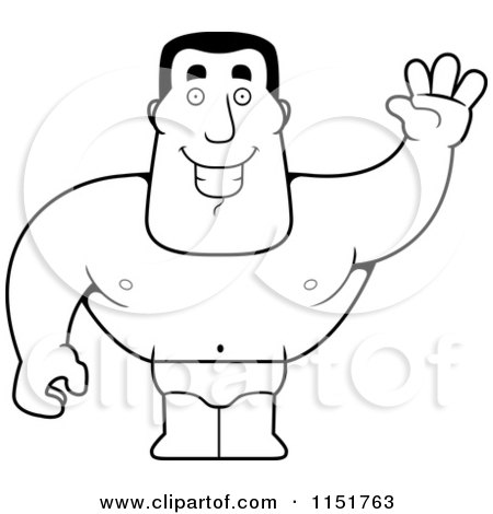 Cartoon Clipart Of A Black And White Strong Lifeguard Man Waving - Vector Outlined Coloring Page by Cory Thoman