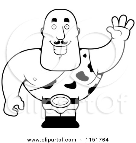 Cartoon Clipart Of A Black And White Waving Strong Man in a Spotted Outfit - Vector Outlined Coloring Page by Cory Thoman