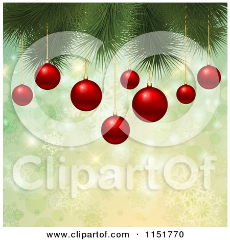 Clipart of 3d Red Christmas Baubles Suspended from a Tree Branch over Green Sparkles and Snowflakes - Royalty Free Vector Illustration by KJ Pargeter