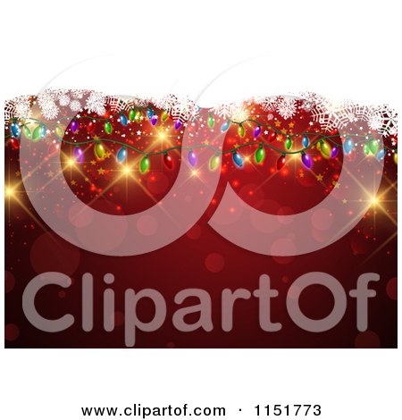 Clipart of a Red Bokeh Background with Christmas Lights and Snowflakes - Royalty Free Vector Illustration by KJ Pargeter