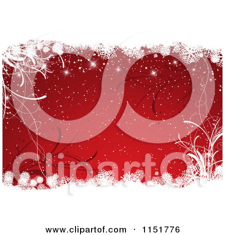 Clipart of a Red Christmas Background with Foliage and Snowflake Grunge - Royalty Free Vector Illustration by KJ Pargeter