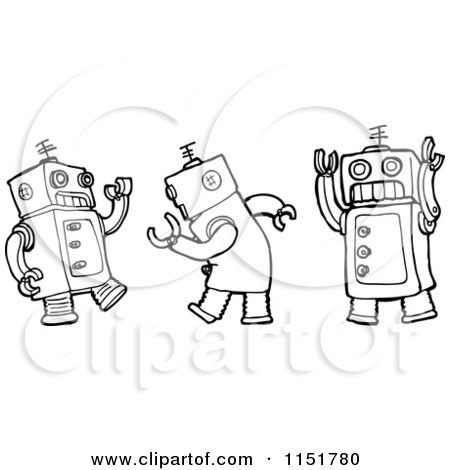 Cartoon of Outlined Dancing Robots - Royalty Free Vector Illustration by lineartestpilot