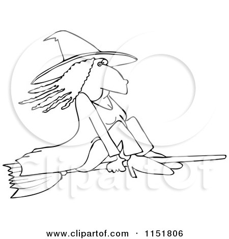 Cartoon of an Outlined Witch Flying on a Broomstick - Royalty Free Vector Illustration by djart