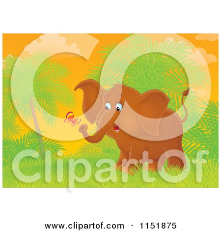 Cartoon of a Cute Elephant Plaing with a Butterfly - Royalty Free Illustration by Alex Bannykh