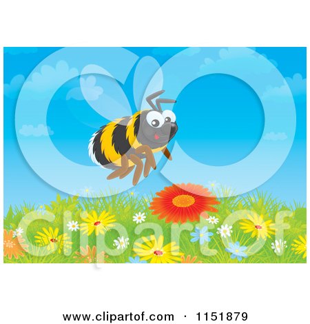 Cartoon of a Happy Bumble Bee over Flowers - Royalty Free Illustration by Alex Bannykh