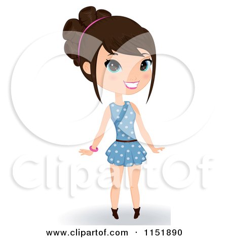 Clipart of a Happy Brunette Woman in a Blue Polka Dot Dress - Royalty Free Vector Illustration by Melisende Vector
