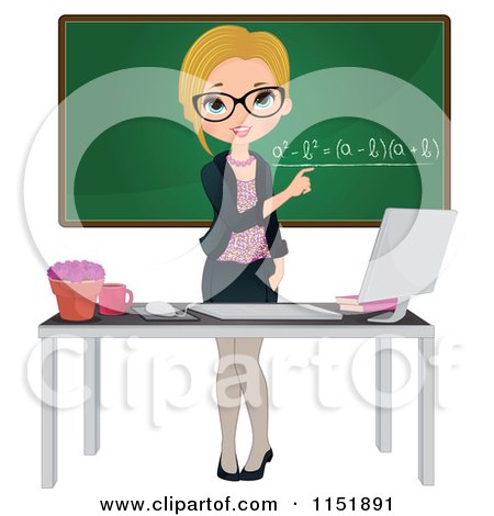 Clipart of a Female Math Teacher at a Desk with a Computer by a Chalkboard - Royalty Free Vector Illustration by Melisende Vector
