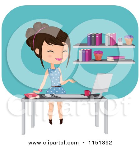 Clipart of a Female Teacher at a Desk with a Computer by a Book Shelf - Royalty Free Vector Illustration by Melisende Vector