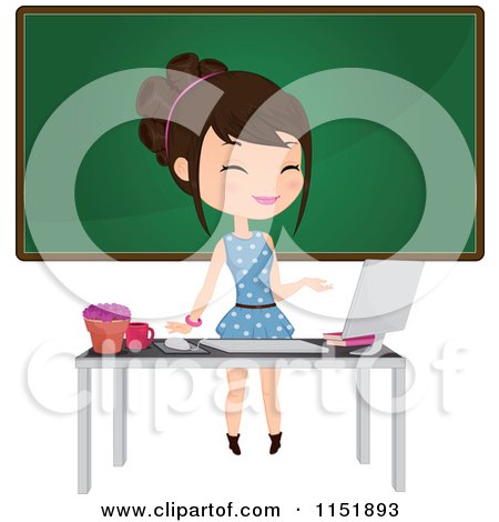 Clipart of a Female Teacher at a Desk with a Computer by a Chalkboard - Royalty Free Vector Illustration by Melisende Vector