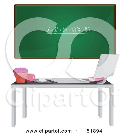 Clipart of a Math Chalkboard and Teachers Desk with a Computer - Royalty Free Vector Illustration by Melisende Vector