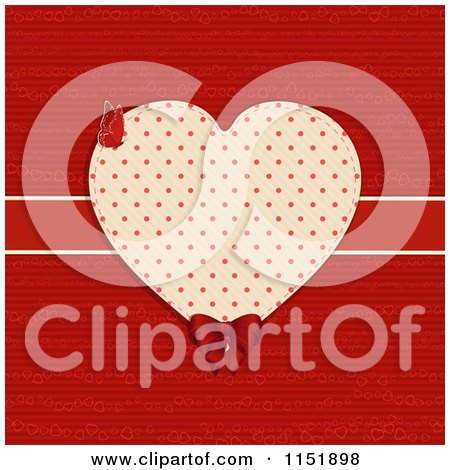 Clipart of a Polka Dot Heart Frame with a Bow and Butterfly over a Ribbon and Paper - Royalty Free Vector Illustration by elaineitalia