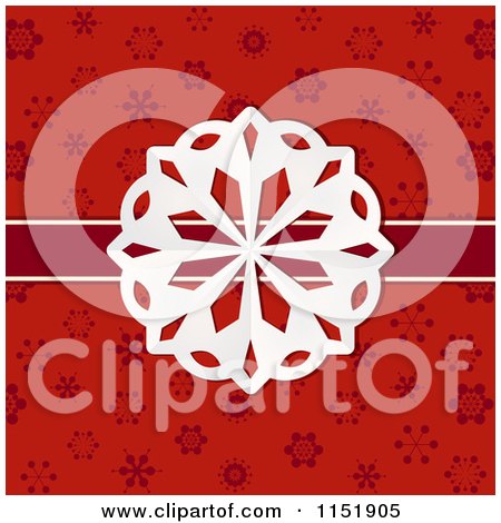 Clipart of a Paper Snowflake and Ribbon over Red Flakes - Royalty Free Vector Illustration by elaineitalia