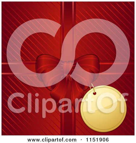 Clipart of a 3d Gold Gift Tag and Red Bow over Diagonal Stripes - Royalty Free Vector Illustration by elaineitalia