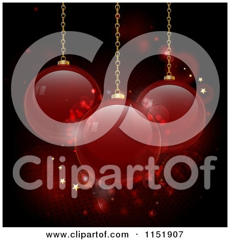 Clipart of 3d Suspended Red Christmas Baubles over Stars Grid and Flares - Royalty Free Vector Illustration by elaineitalia