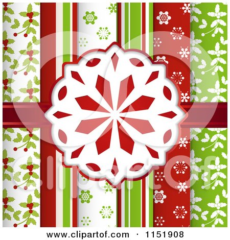 Clipart of a Paper Snowflake and Ribbon over Scrapbooking Papers - Royalty Free Vector Illustration by elaineitalia