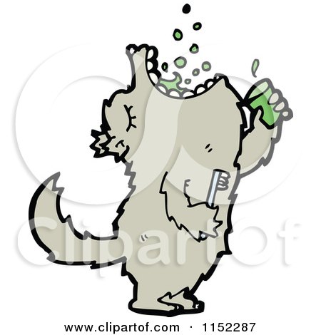 Cartoon of a Wolf Brushing His Teeth - Royalty Free Vector Illustration by lineartestpilot