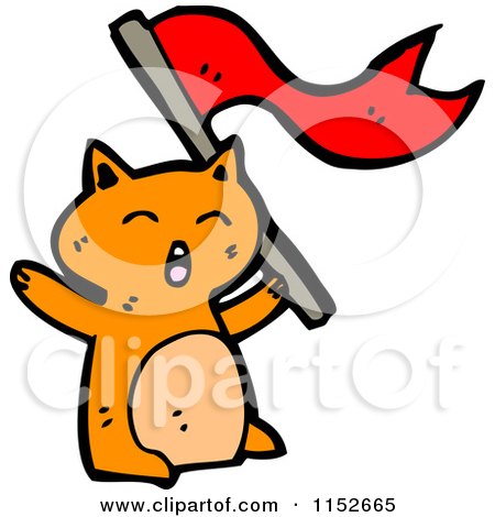 Cartoon of a Ginger Cat with a Red Flag - Royalty Free Vector Illustration by lineartestpilot