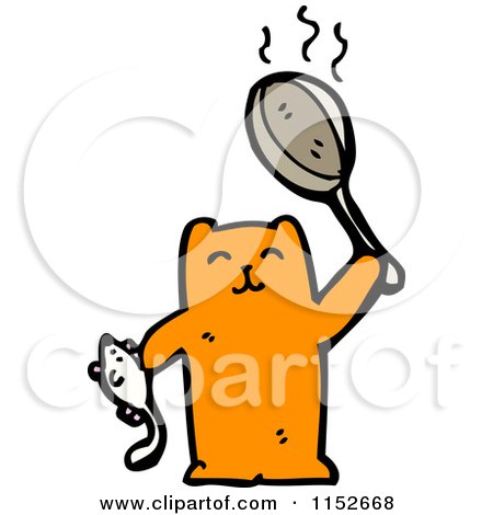 Cartoon of a Ginger Cat Holding a Mouse and Pan - Royalty Free Vector Illustration by lineartestpilot
