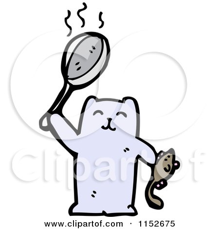 Cartoon of a Cat Holding a Mouse and Pan - Royalty Free Vector Illustration by lineartestpilot