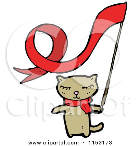 Cartoon of a Cat with a Ribbon Flag - Royalty Free Vector Illustration by lineartestpilot