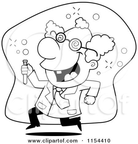 Cartoon Clipart Of A Black And White Running Mad Scientist - Vector Outlined Coloring Page by Cory Thoman
