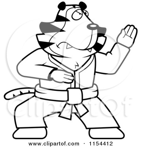 Cartoon Clipart Of A Black And White Karate Tiger - Vector Outlined Coloring Page by Cory Thoman