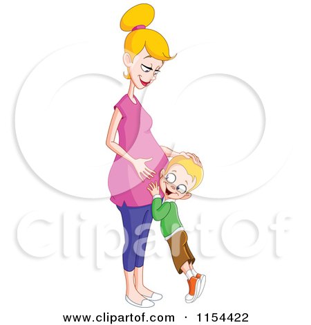 Cartoon of a Happy Boy Listening to His Pregnant Mothers Belly - Royalty Free Vector Illustration by yayayoyo