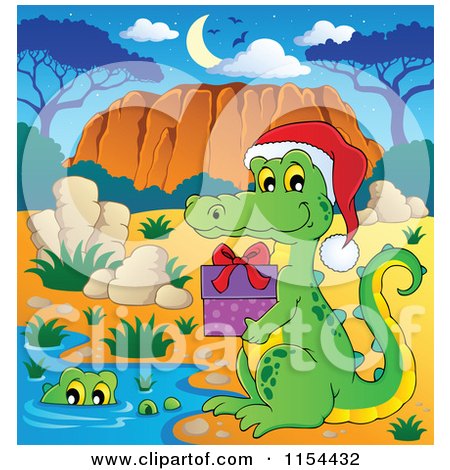 Cartoon of a Christmas Crocodile Holding a Gift out to Another - Royalty Free Vector Illustration by visekart