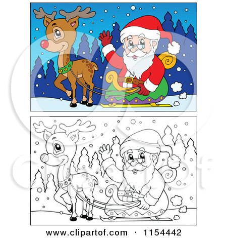 Cartoon of a Colored and Outlined Scene of Santa and Rudolph with the Sleigh - Royalty Free Vector Illustration by visekart