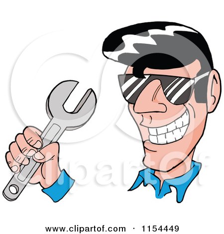 Cartoon of a Grinning 50s Greaser Man Holding a Wrench - Royalty Free Vector Illustration by LaffToon