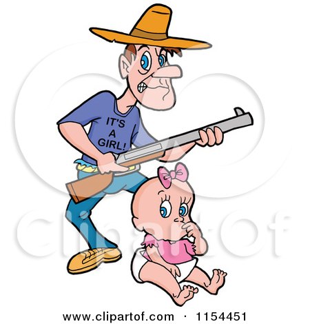 Cartoon of a Caucasian Father with a Rifle and an Its a Girl Shirt over a Baby - Royalty Free Vector Illustration by LaffToon