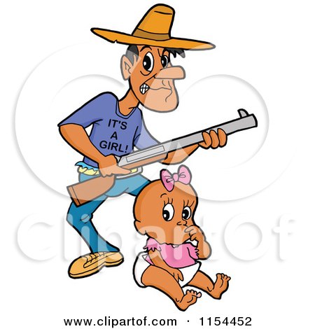 Cartoon of a Black Father with a Rifle and an Its a Girl Shirt over a Baby - Royalty Free Vector Illustration by LaffToon