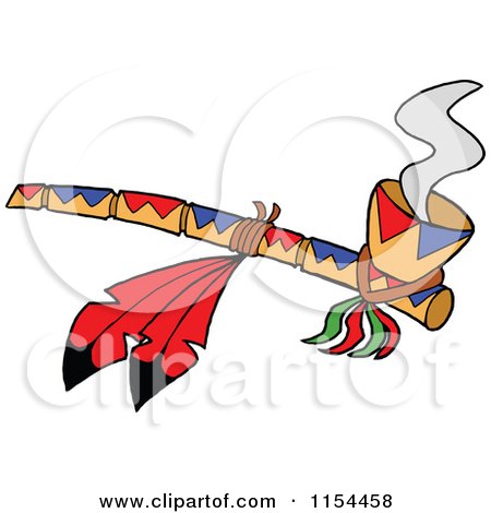 Cartoon of a Smoking Peace Pipe with Red Feathers - Royalty Free Vector Illustration by LaffToon