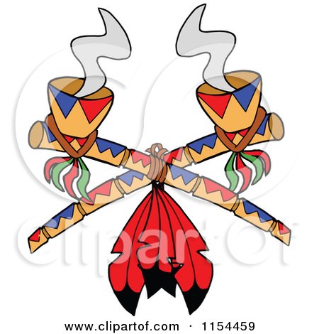 Cartoon of Crossed Smoking Peace Pipes with Red Feathers - Royalty Free Vector Illustration by LaffToon