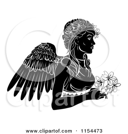 Clipart of a Black and White Horoscope Zodiac Astrology Virgo Angel with Flowers - Royalty Free Vector Illustration by AtStockIllustration