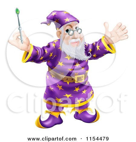 Cartoon of a Friendly Wizard Holding up a Wand - Royalty Free Vector Illustration by AtStockIllustration