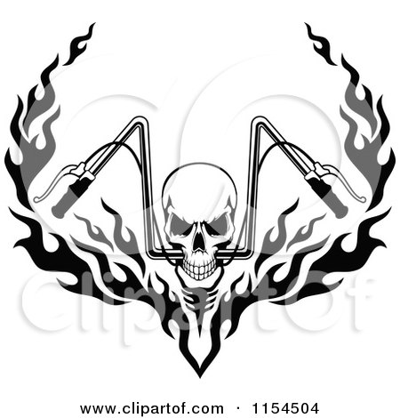 Clipart of a Black and White Skull with Flaming Motorcycle Handlebars - Royalty Free Vector Illustration by Vector Tradition SM
