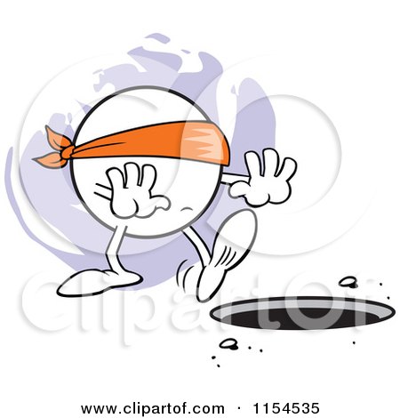 Cartoon of a Blindfolded Moodie Character Approaching a Manhole - Royalty Free Vector Illustration by Johnny Sajem