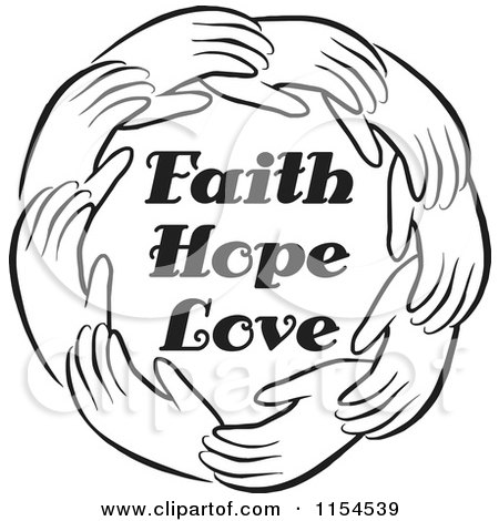 Cartoon of a Black and White Circle of Hands Around Faith Hope Love Text - Royalty Free Vector Illustration by Johnny Sajem