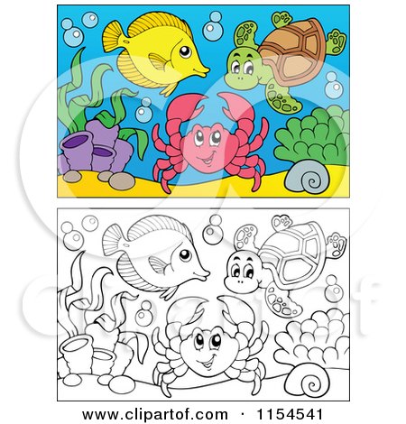 Cartoon of Outlined and Colored Fish Sea Turtle and Crab - Royalty Free Vector Clipart by visekart