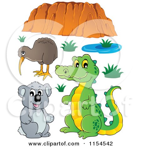 Cartoon of a Kiwi Bird Crocodile Koala and Uluru - Royalty Free Vector Clipart by visekart